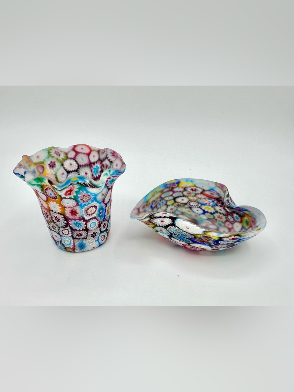 Murano Millefiori Glass Art Ruffled Vase Holder & Small Dish Fratelli Toso ITALY